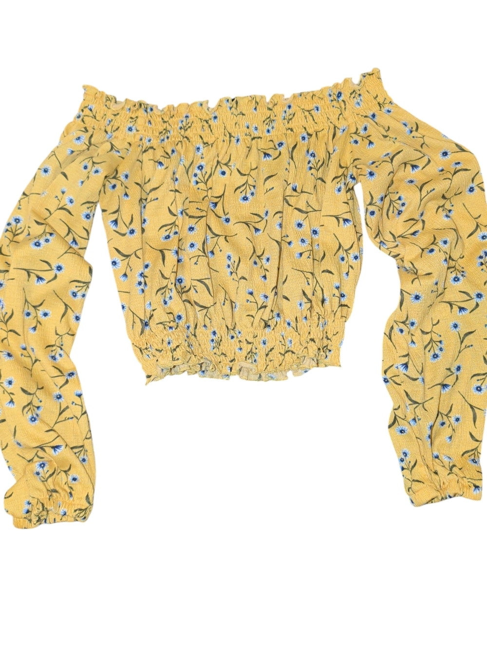 Divided Yellow Floral Smocked Ruffle Cropped Blouse (#D1011)
